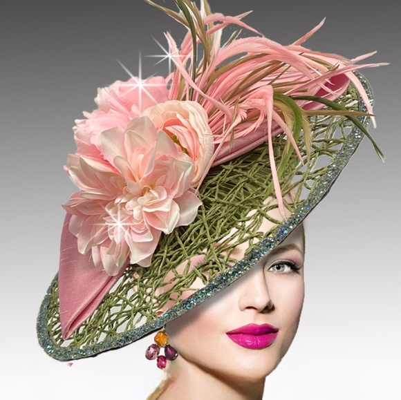 Beloved Millinery Accessories - Beloved Millinery Elegant Pink Green Satin Bow Feathers Jeweled Fascinator Derby